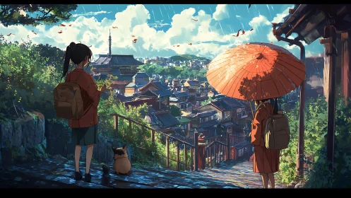 Rain-washed hillside street overlooking traditional Japanese town