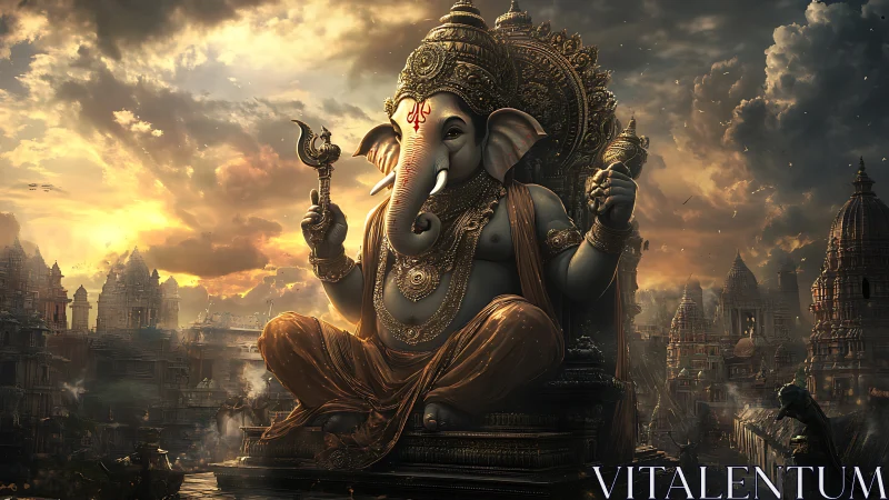 Majestic digital Ganesha statue over ancient temple city.