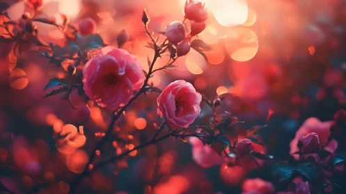 Luminous Garden at Twilight: Roses Bathed in Warm Bokeh.