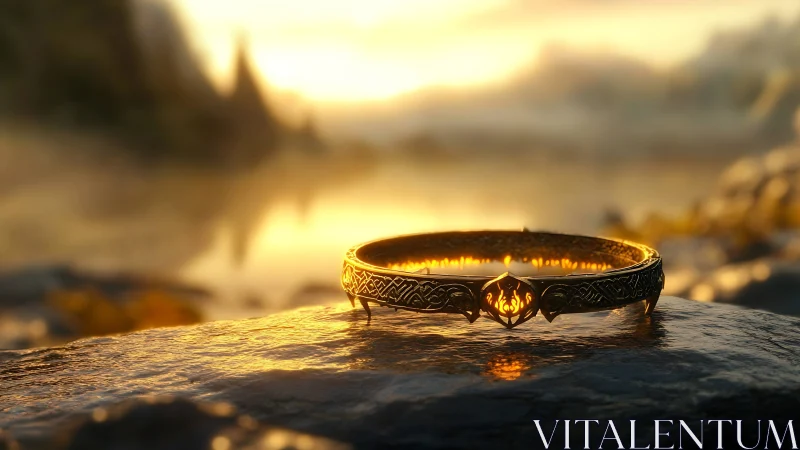 Golden enchanted ring glowing softly at a misty sunrise.