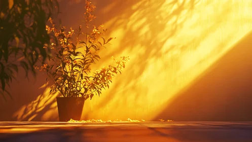 Potted flowering plant stands in strong golden sunlight