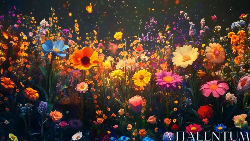 Densely arranged flowers with varied hues against dark background