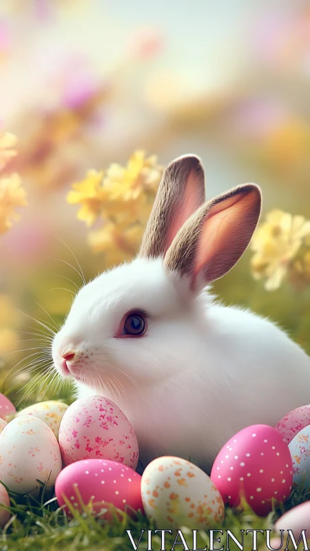 White rabbit sits among colorful Easter eggs on grass