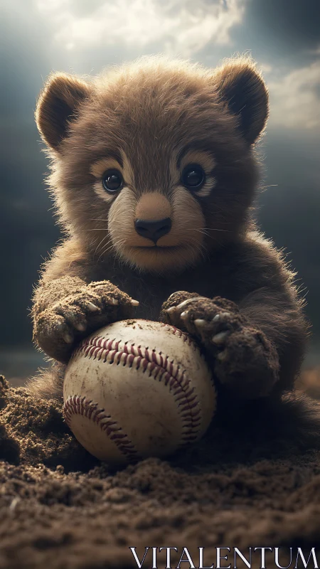 Photorealistic bear cub clutching worn baseball on dirt field