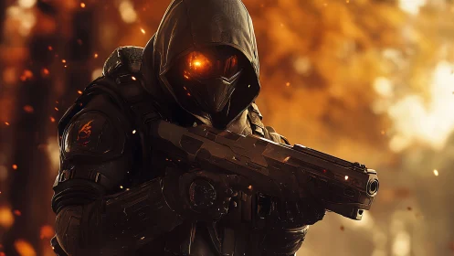 Hooded cyber soldier aims rifle amid burning foliage glow.
