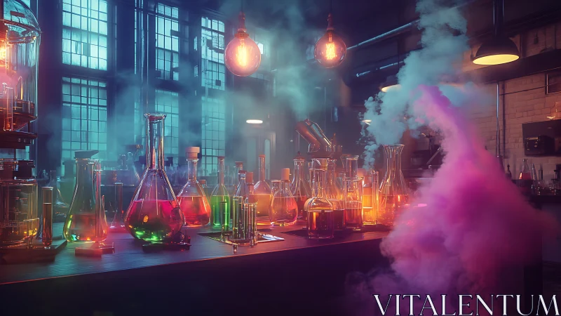 Neon laboratory glassware glows through vaporous chemical haze.