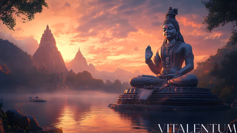 Colossal meditative deity statue over misty river at sunset