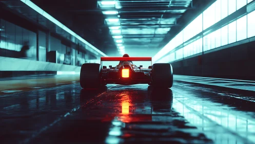 Neon-lit formula race car poised in reflective pit lane.