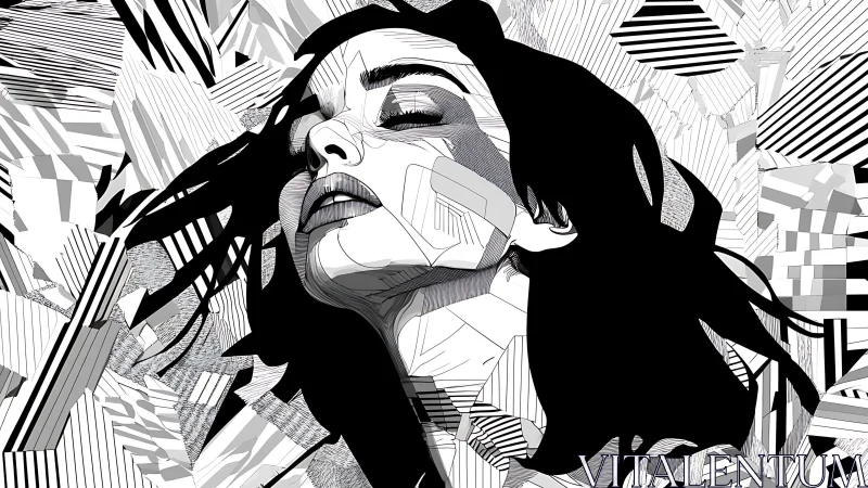 Abstract monochrome portrait with dynamic geometric shards.