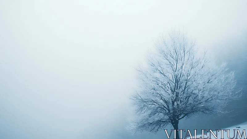 Single frost covered tree stands in dense winter fog