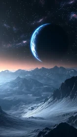 Frozen alien landscape under crescent planet glow at dusk.