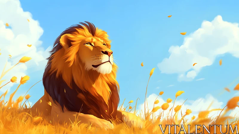 Golden field daydream, a lion resting under open skies.
