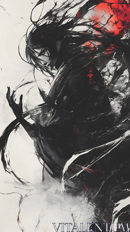 Shadow-touched wanderer framed by swirling crimson storm.