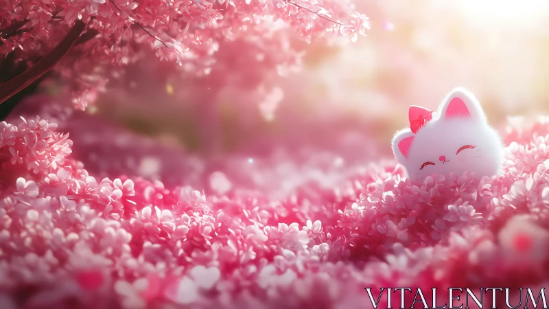 Gentle springtime kitty nestled in dreamy cherry blossoms.