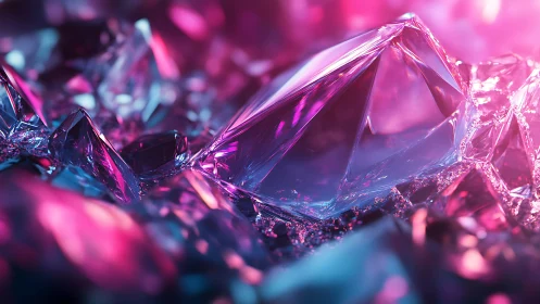 Prismatic crystal cluster under magenta and cyan lighting.