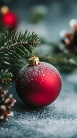 Cozy red Christmas ornament dusted with gentle winter snow.
