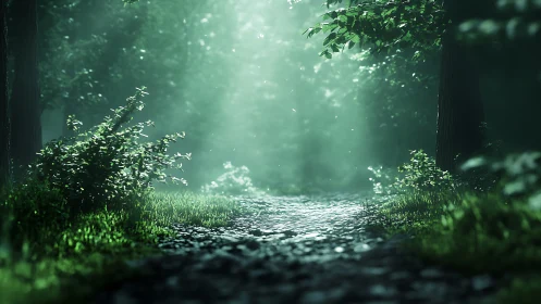 Forest pathway with morning light and vegetation.