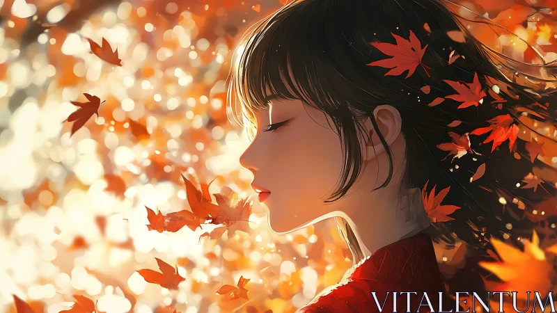 Autumn breeze envelops serene girl in glowing maple leaves.
