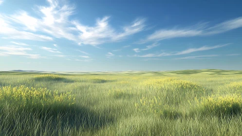 Grassland plain extends under blue sky with sparse clouds