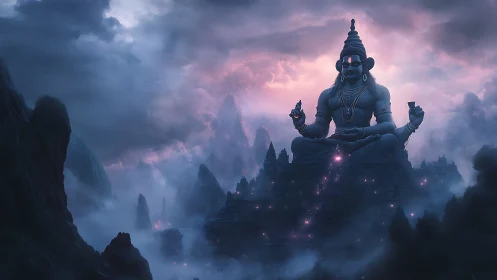 Colossal meditative deity towers above misty temple realm.