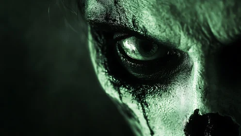 Monochrome green horror portrait with skull-like face close-up