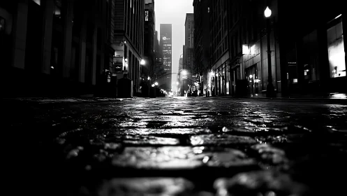 Low-angle wet cobblestone street in nocturnal urban canyon