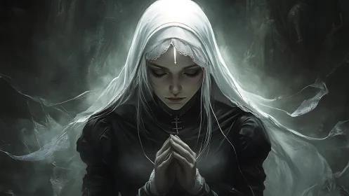 Veiled nun prays in dim, ethereal monochrome light