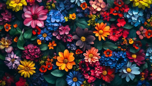Densely arranged floral composition with multi-hued blooms against dark background