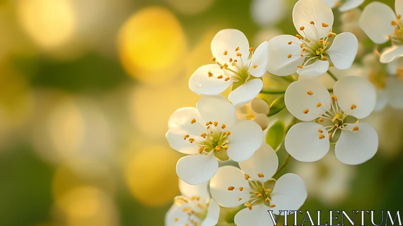 Delicate white blossoms with golden stamens in soft-focused botanical study.