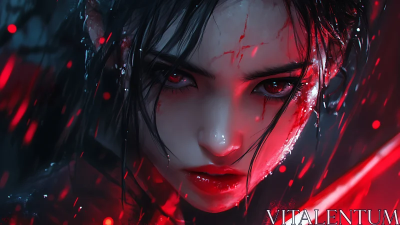 Fierce warrior girl glowing in red light and quiet rain.