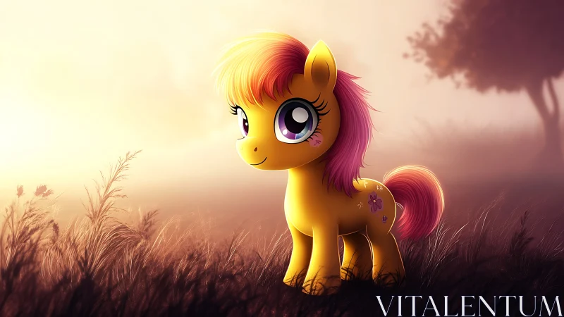 Cute cartoon pony in misty sunrise meadow scene.