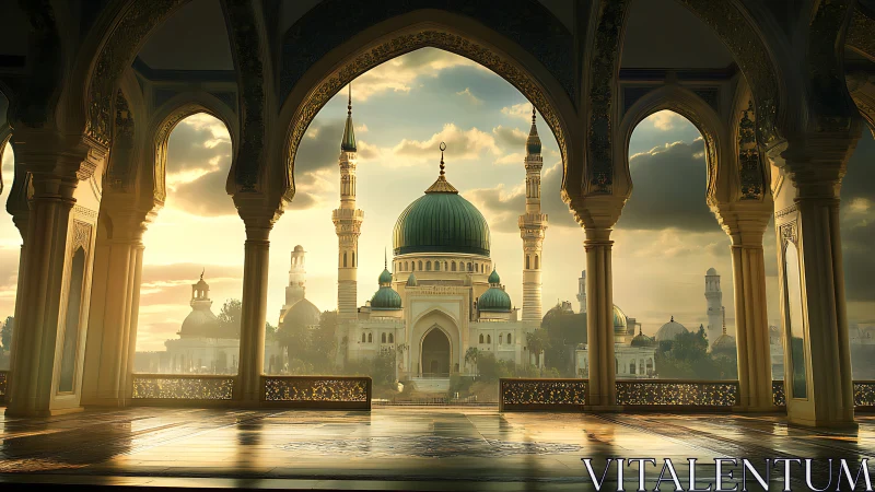 Sunlit domed mosque framed by ornate courtyard arches.