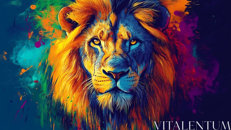 Chromatic lion portrait with high-saturation digital brushwork.