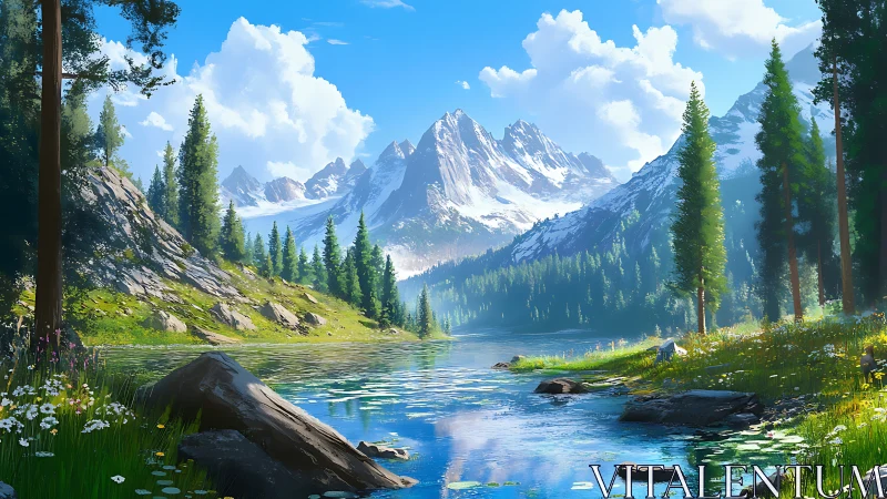 Spectral alpine lake vista with snowbound peaks and conifers.