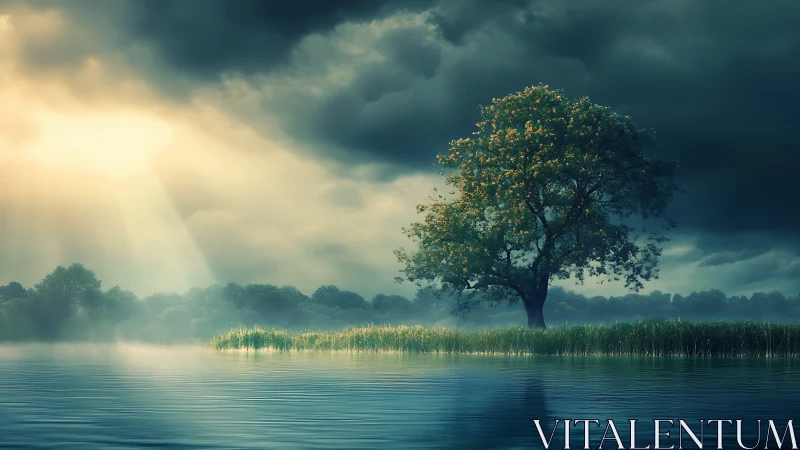 Solitary lakeside tree drinking dawn from a storm-torn sky.