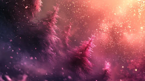 Digital painting of luminous pink forest under radiant sky.