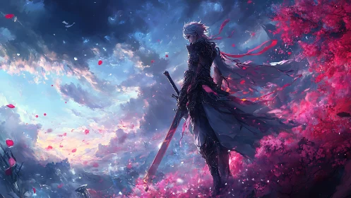 Lone silver‑haired warrior amid crimson blossoms at dusk.