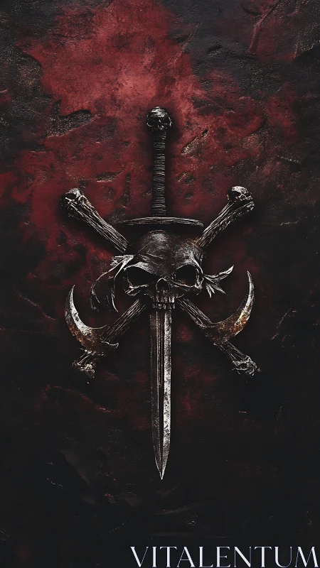 Dark steel crest unites skull, blades, and brooding legend