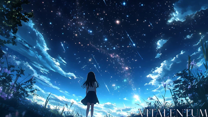Solitary girl observing luminous meteor shower under night sky