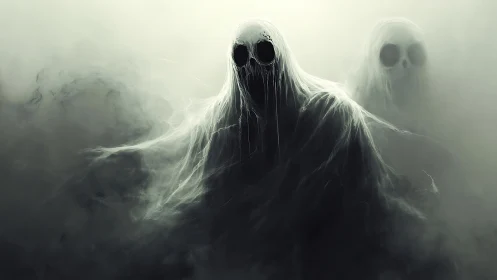 Shrouded wraiths drift through dense fog in spectral gloom