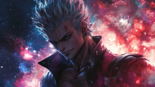 Brooding silver-haired warrior stands against glowing cosmos