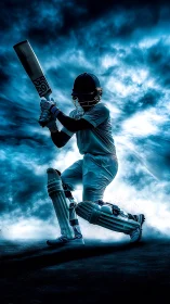 Backlit cricket batsman in dramatic blue digital painting.