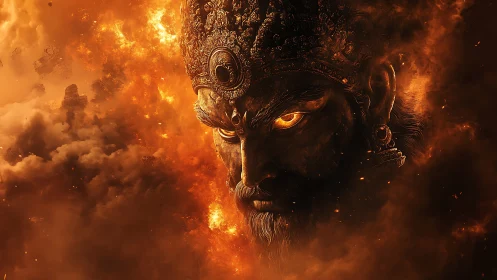 Fiery warrior deity face emerging from dense orange smoke.