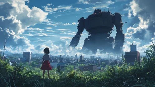 Girl observing large robot above city under bright sky.