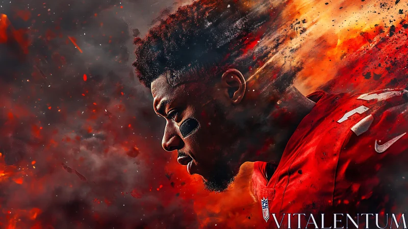 Focused football player emerges through blazing abstract smoke