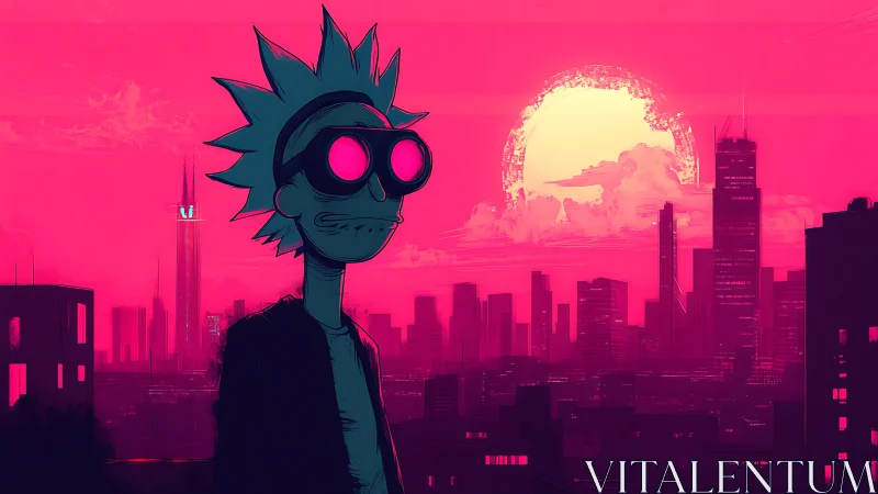 Neon sunset wanderer gazing over a glowing pink city.