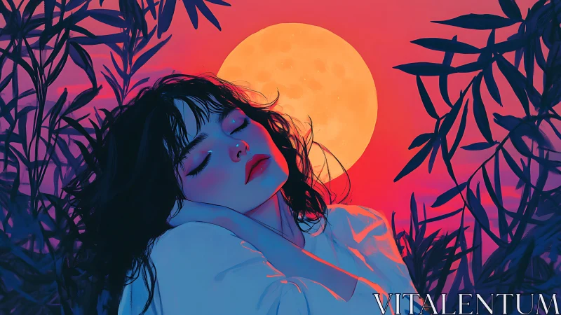 Dreamy moonlit girl rests softly in glowing twilight garden