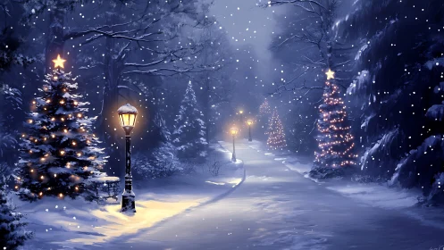 Snowy winter path glows with lamplight and Christmas trees.