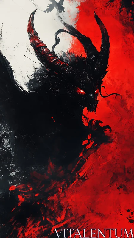 Fierce horned demon emerges from swirling red and shadow