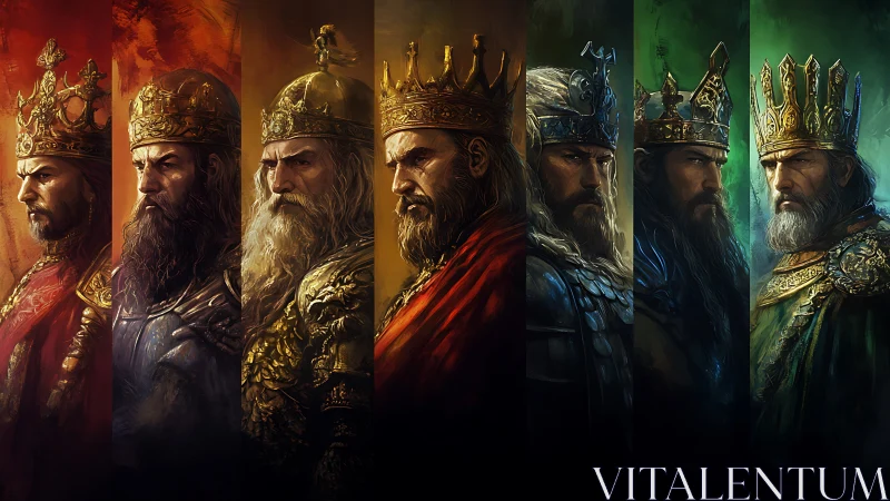 Regal kings in glowing armor across a rainbow of realms.